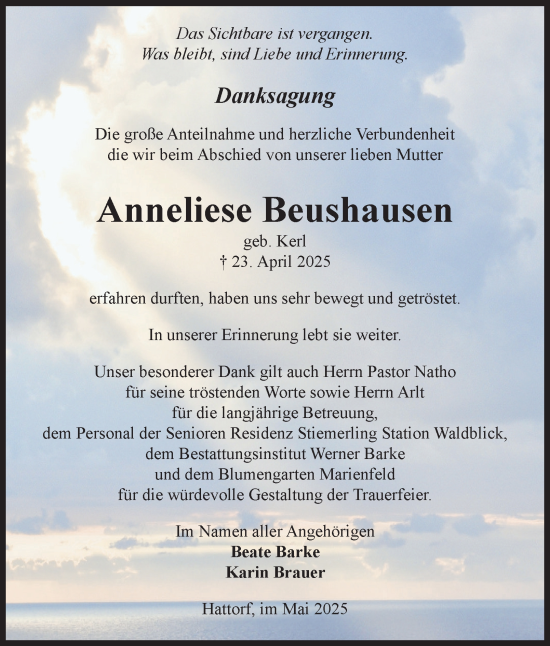 Traueranzeige von Anneliese Beushausen von Harz Kurier
