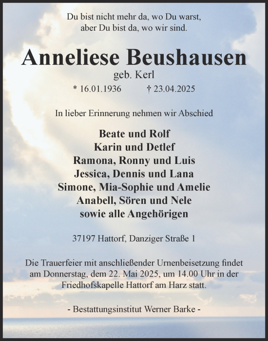 Traueranzeige von Anneliese Beushausen von Harz Kurier