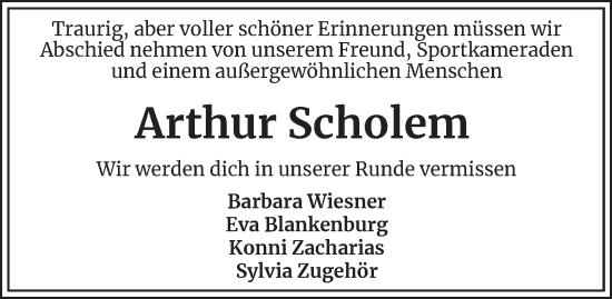 Traueranzeige von Arthur Scholem von Harz Kurier