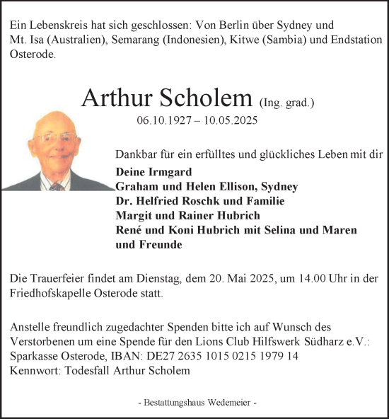 Traueranzeige von Arthur Scholem von Harz Kurier