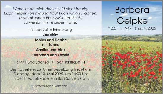 Traueranzeige von Barbara Gelpke von Harz Kurier