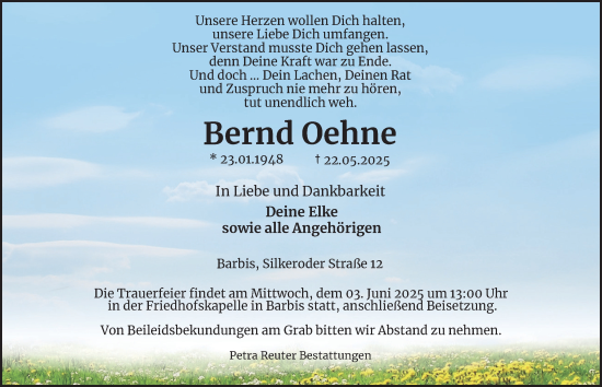 Traueranzeige von Bernd Oehne von Harz Kurier