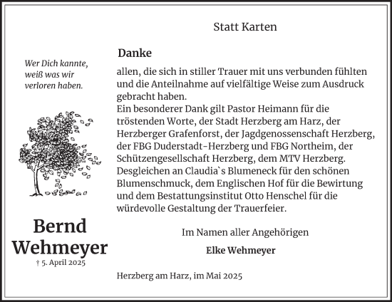 Traueranzeige von Bernd Wehmeyer von Harz Kurier