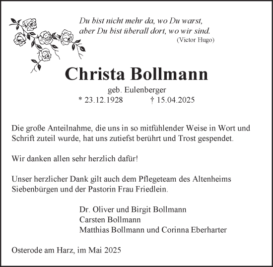 Traueranzeige von Christa Bollmann von Harz Kurier