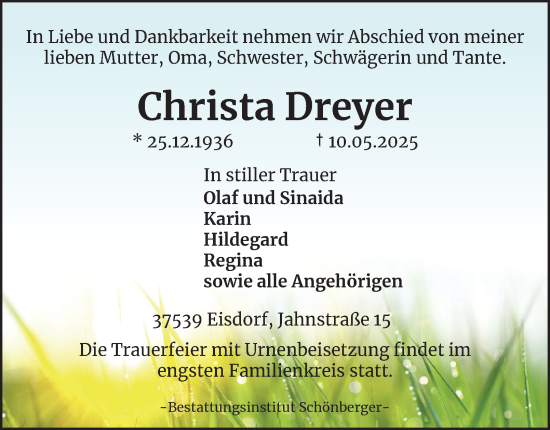 Traueranzeige von Christa Dreyer von Harz Kurier