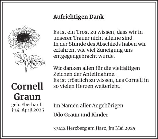 Traueranzeige von Cornell Graun von Harz Kurier