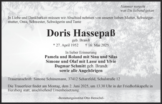 Traueranzeige von Doris Hassepaß von Harz Kurier