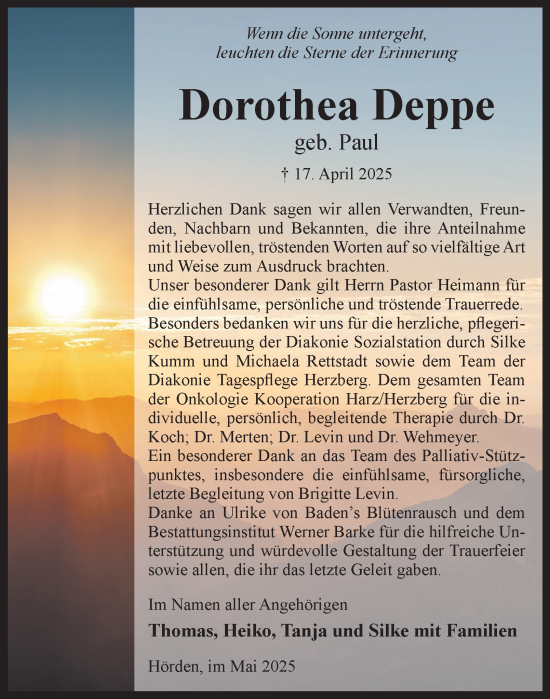 Traueranzeige von Dorothea Deppe von Harz Kurier