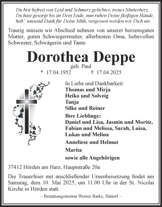 Traueranzeige von Dorothea Deppe von Harz Kurier