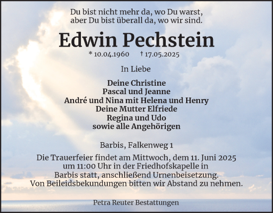 Traueranzeige von Edwin Pechstein von Harz Kurier
