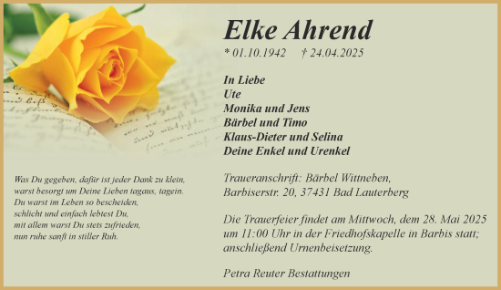 Traueranzeige von Elke Ahrend von Harz Kurier
