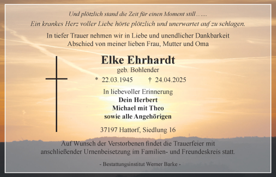 Traueranzeige von Elke Ehrhardt von Harz Kurier