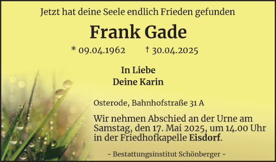 Traueranzeige von Frank Gade von Harz Kurier