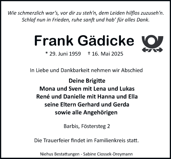 Traueranzeige von Frank Gädicke von Harz Kurier