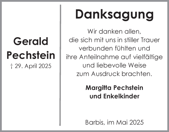 Traueranzeige von Gerald Pechstein von Harz Kurier