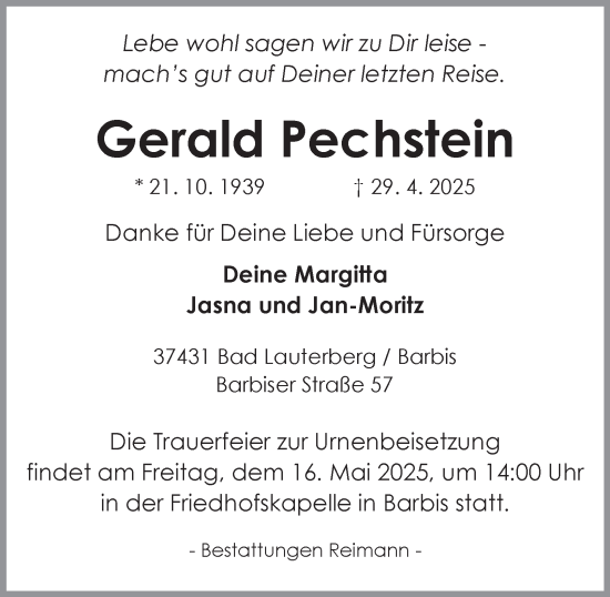 Traueranzeige von Gerald Pechstein von Harz Kurier