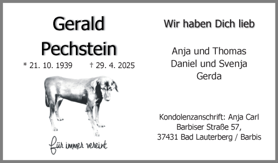 Traueranzeige von Gerald Pechstein von Harz Kurier