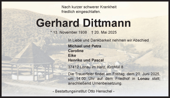 Traueranzeige von Gerhard Dittmann von Harz Kurier