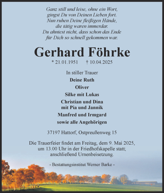 Traueranzeige von Gerhard Föhrke von Harz Kurier