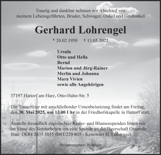 Traueranzeige von Gerhard Lohrengel von Harz Kurier
