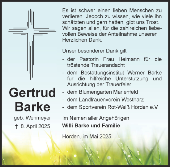Traueranzeige von Gertrud Barke von Harz Kurier