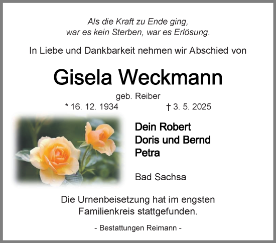 Traueranzeige von Gisela Weckmann von Harz Kurier