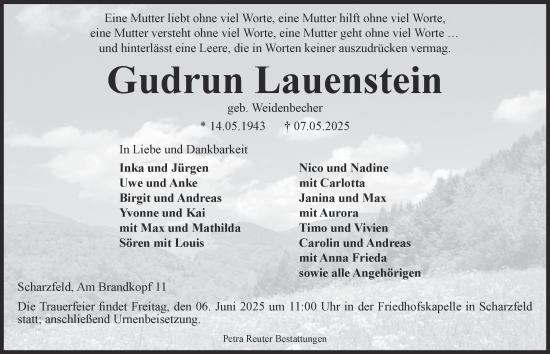 Traueranzeige von Gudrun Lauenstein von Harz Kurier