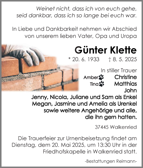 Traueranzeige von Günter Klette von Harz Kurier