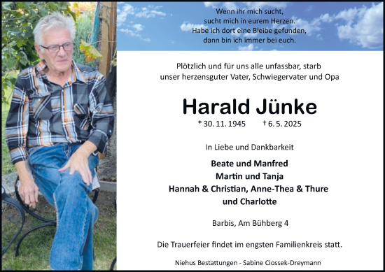 Traueranzeige von Harald Jünke von Harz Kurier
