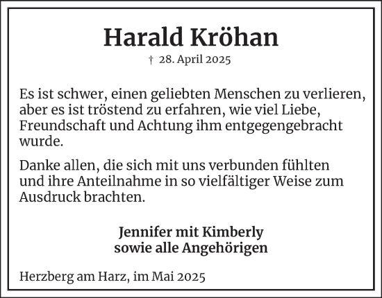 Traueranzeige von Harald Kröhan von Harz Kurier