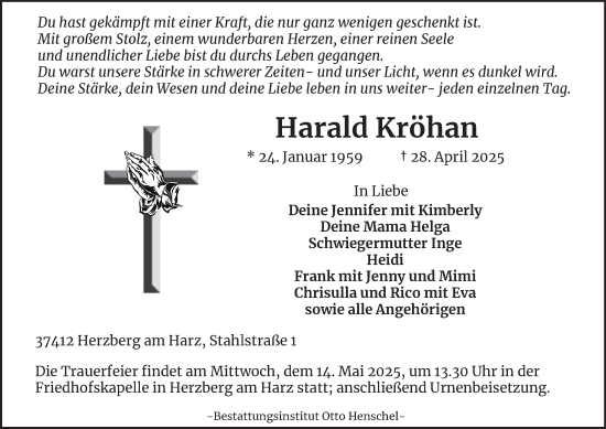 Traueranzeige von Harald Kröhan von Harz Kurier