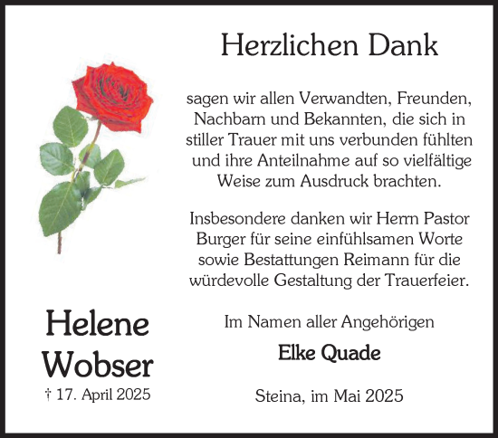 Traueranzeige von Helene Wobser von Harz Kurier