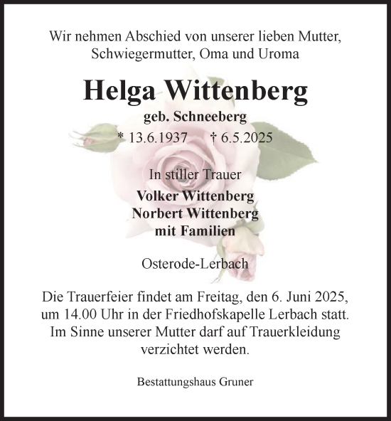 Traueranzeige von Helga Wittenberg von Harz Kurier