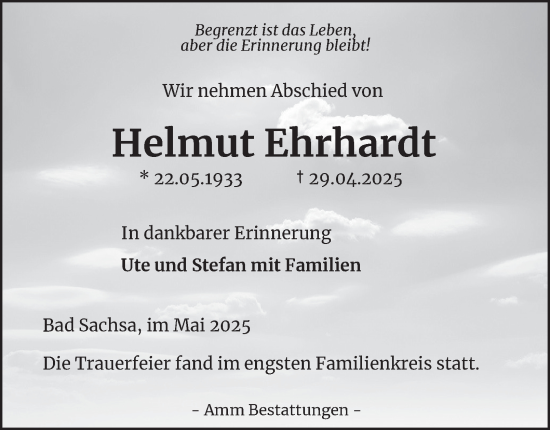 Traueranzeige von Helmut Ehrhardt von Harz Kurier