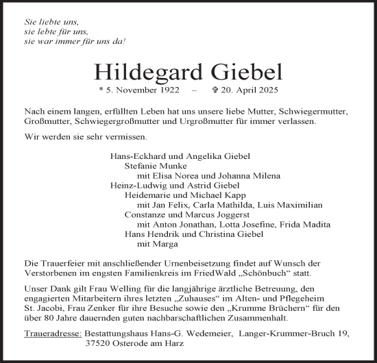Traueranzeige von Hildegard Giebel von Harz Kurier