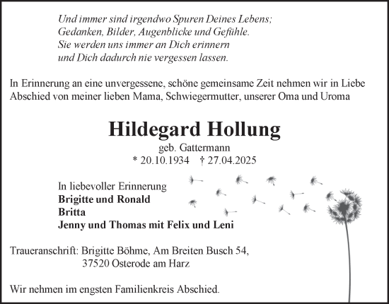 Traueranzeige von Hildegard Hollung von Harz Kurier