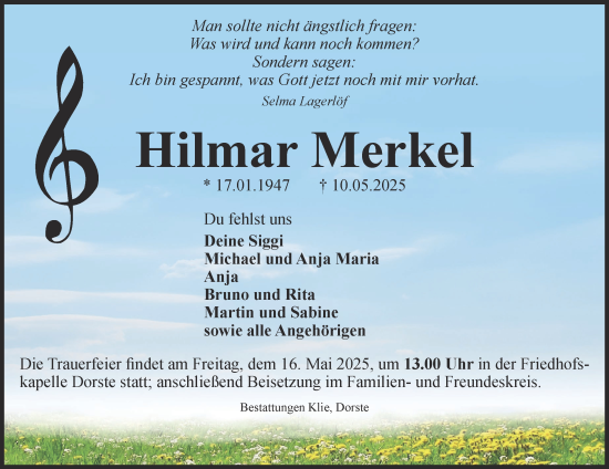 Traueranzeige von Hilmar Merkel von Harz Kurier