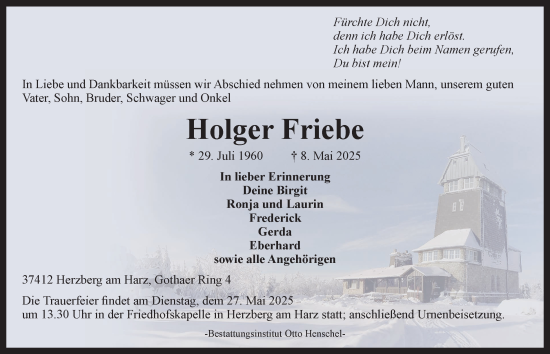 Traueranzeige von Holger Friebe von Harz Kurier