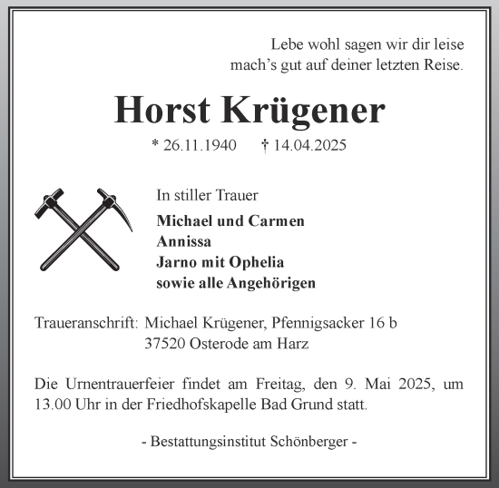 Traueranzeige von Horst Krügener von Harz Kurier