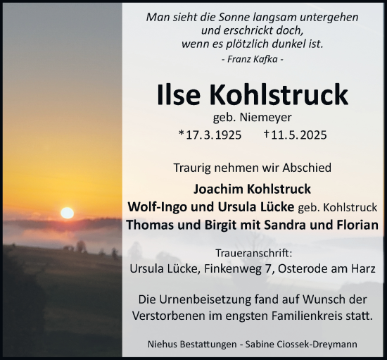 Traueranzeige von Ilse Kohlstruck von Harz Kurier