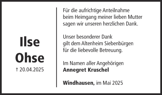 Traueranzeige von Ilse Ohse von Harz Kurier