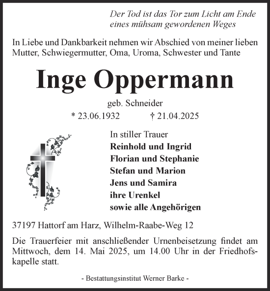 Traueranzeige von Inge Oppermann von Harz Kurier
