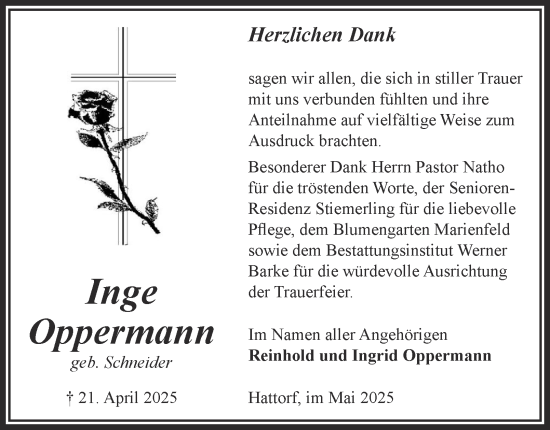 Traueranzeige von Inge Oppermann von Harz Kurier