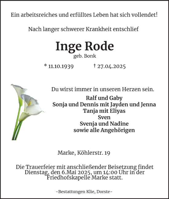 Traueranzeige von Inge Rode von Harz Kurier
