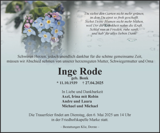 Traueranzeige von Inge Rode von Harz Kurier