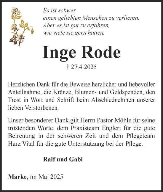 Traueranzeige von Inge Rode von Harz Kurier
