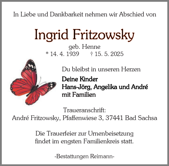 Traueranzeige von Ingrid Fritzowsky von Harz Kurier