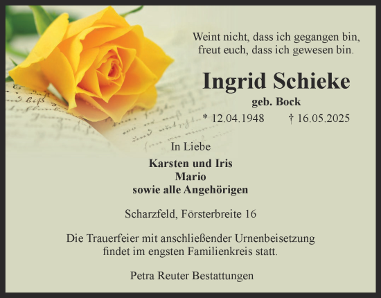 Traueranzeige von Ingrid Schieke von Harz Kurier