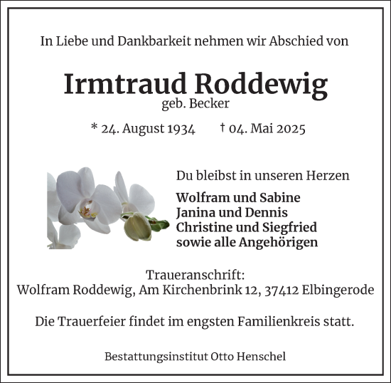 Traueranzeige von Irmtraud Roddewig von Harz Kurier