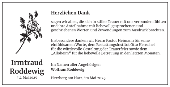 Traueranzeige von Irmtraud Roddewig von Harz Kurier